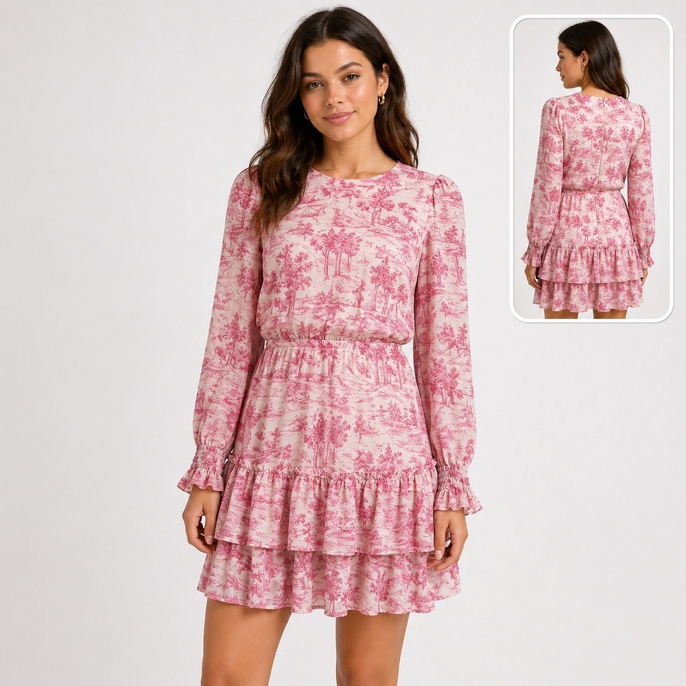 NWT AQUA Pink Toile Print Dress Womens XS Ruffle Tiered Mini Cottagecore